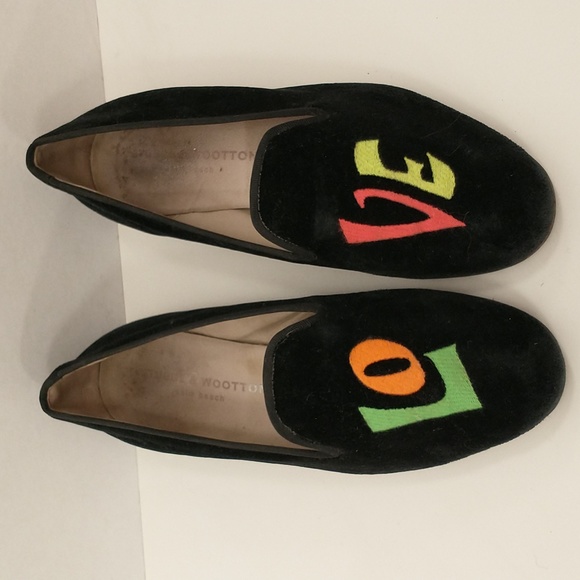 Stubbs & Wootton Shoes - Black Velvet LOVE Flats Stubbs & Wootton Slipper Shoe Made in Spain Embroidered